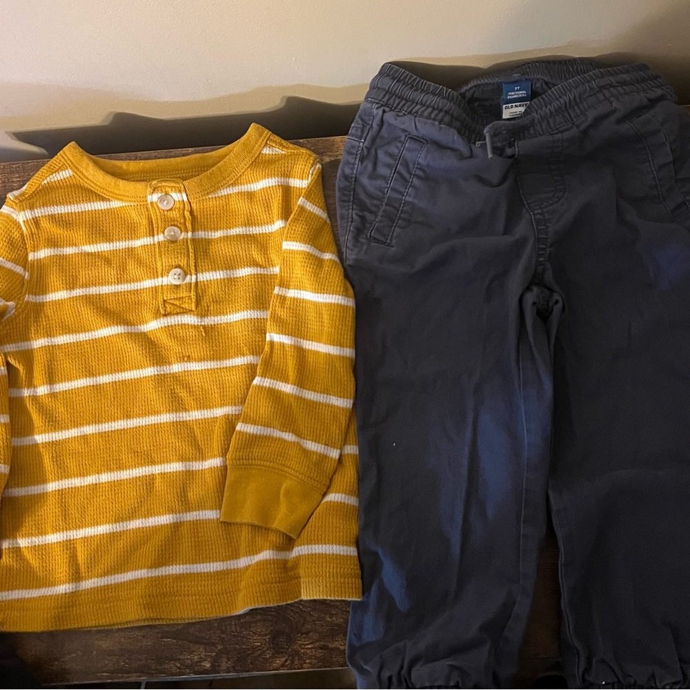 Yellow Striped Shirt and Gray Pants Set